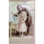 Framed watercolour depicting a violin lesson, sign