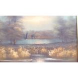 Framed oil on canvas, lake scene