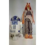 Two Star Wars figures, R2-D2 and Jar Jar Binks, he