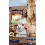 Various items to include a vintage teddy (growler)