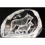 Glass paperweight depicting two hounds, signed, pr