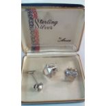 Sterling silver set, cuff links and tie pin, boxed