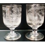 Pair of etched glasses dated 1884, height 13cm, ni