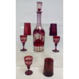 Bohemian decanter with three glassess together wit