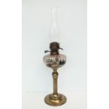 Brass oil lamp, glass reservoir depicting windmill