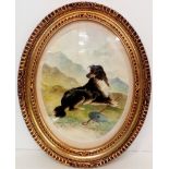 Gilt framed porcelain palque depicting sheepdog, s