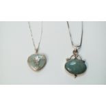 2x Silver chains with green hard stone pendants