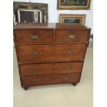 A 19th century mahogany Campaign chest of two over three construction, separating into two halves,