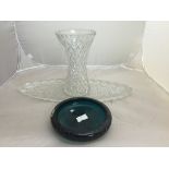 A cut glass vase and moulded glass tray;