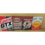 Four advertising tin signs to inc Esso, Castrol,