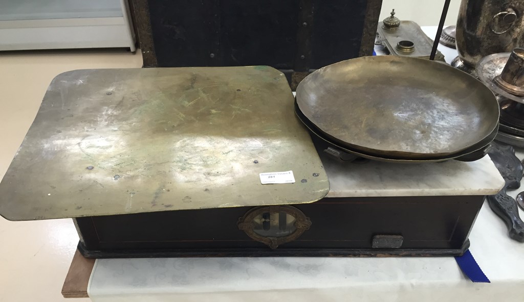 A set of 19th century French scales with marble top and brass pans