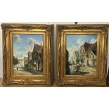 Continental School (20th century): A pair of oils on panel depicting street scenes in the Dutch