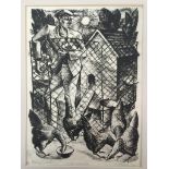 John Woodcock (20th century): 'Feeding the chickens', artist's proof stone litho,