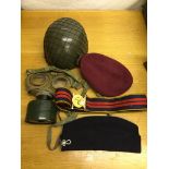 A quantity of militaria to inc beret, ballistic helmet,