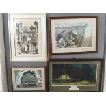 A quantity of pictures to include a signed mixed media study depicting a military naval harbour