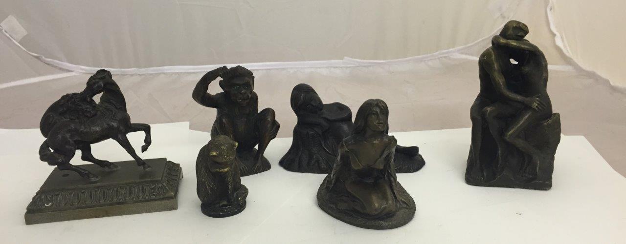 A group of six bronzed and bronze figures, to inc monkey, cat,