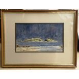 A watercolour depicting an Irish coastal scene & lighthouse,