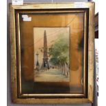 A small watercolour in gilded frame depicting the Embankment with Cleopatra's Needle