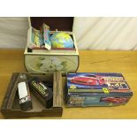 A box of toys to inc a tinplate globe, boxed Corgi vehicles,