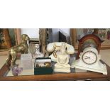 A box of odds to inc clocks, telephone, brass dog,