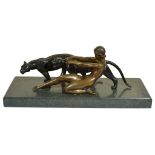 An Art Deco-style Bronze of a Lady and Panthers after Bassin: Depicting a nude lady with two