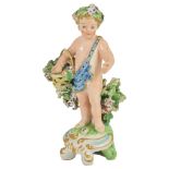 An 18th Century Derby Figure: The putti holding a basket of flowers scantily clad in a blue drape