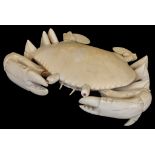 A Japanese Ivory Okimono (Meiji Period) Realistically Carved as a Crab: With inlaid red