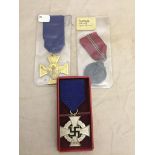 Three WWII German medals, boxed 25 Years Service, Western Front,