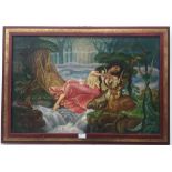 Continental School: A lady reclining in a wooded river landscape with deer, oil on canvas,