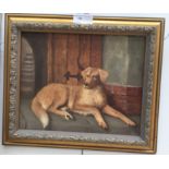 An oil on board of a reclining dog, inscribed verso,