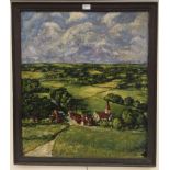 A panoramic oil on board of a rural village,