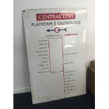 An enamel London Underground Central Line station list from Leytonstone to Ongar H180cm x W118cm