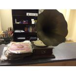 An HMV horn gramophone;