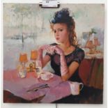 English School: 'Pink Gloves Lady, Paris Cafe', oil on board,