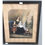 A 19th century family portrait depicting a mother & three children, watercolour,