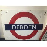 A London Underground enamel platform roundel sign for Debden (Central Line) H105cm x 153cmW