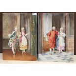 French School: A pair of hand painted plaques, depicting 18th century genre scene,