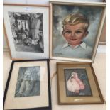 A quantity of pictures to include oil portrait of a boy,