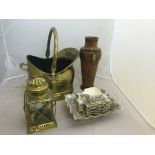 A brass scuttle and lamp;