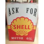 Four tin advertising signs of Shell, Castrol GTX, Esso,