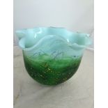 A signed Peter Layton frill-topped vase in green and blue with speckled orange and reds