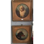 A pair of oval pictures depicting terriers in decorative gilt frames,