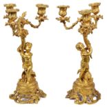 A Pair of 19th Century Bronze Mercurial Gilt Three-Sconce Candelabra: Two three-sconce candelabra