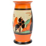 A Clarice Cliff "Trees & House" Pattern Vase: In the 265 shape decorated in orange, green and black,