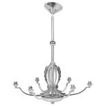 A French Art Deco Chandelier: 1920/30s, chrome plated, with six arms and original shades,