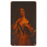 A Russian Painted Snuff Box: Papier mache lacquered box, the lid decorated with lady in court dress,