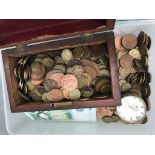 A box of coins and six £1 notes;
