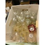 A collection of glassware: a pair of decanters, three sets of fly drinking glasses,