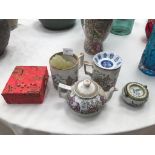 A quantity of Chinoiserie wares, carvings, mugs,