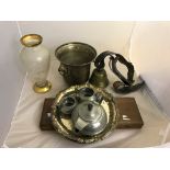 A collection of silver plate and metalware to inc a cowbell and wine cooler